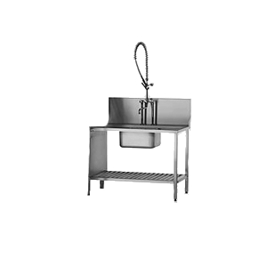 Vorspültisch für Haubenmaschine li/re  1200 x 700 mit Pendelbrause Becken links